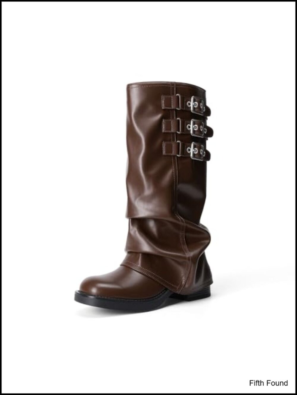 Fold-Over Knee High Boots with Buckle Moto Style Pull-On Faux Leather